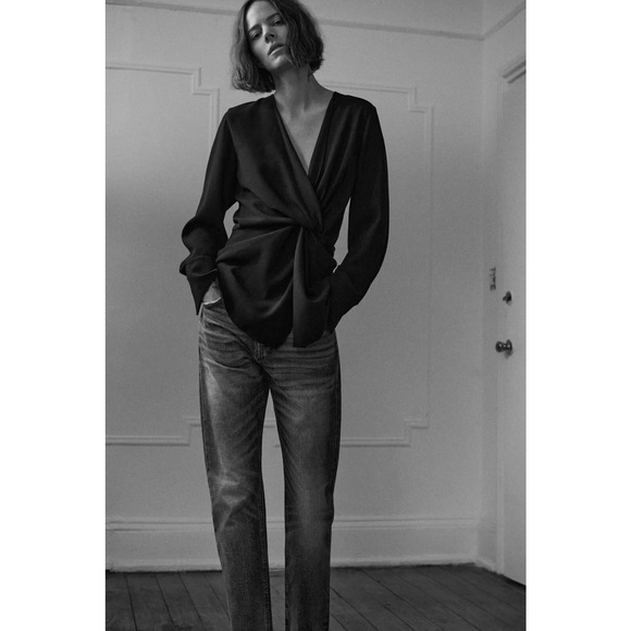 Zara Faux Wrap Knot Tunic Blouse with Gold Button Cuffs Black Womens Size Medium - Picture 1 of 7